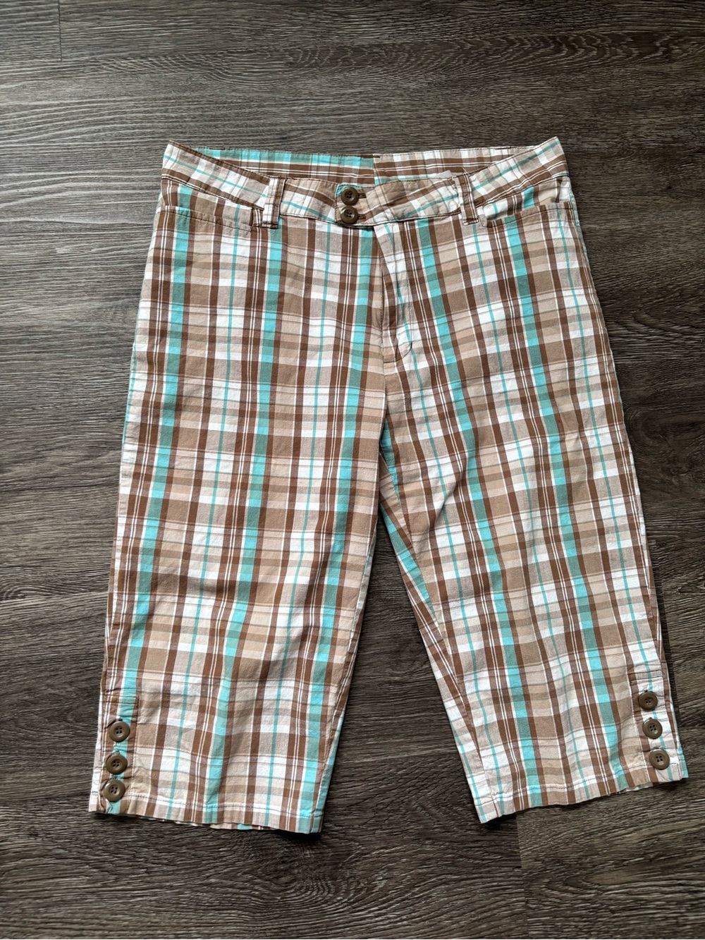 Women’s Brown Plaid Capris with Aqua Accent Y2K